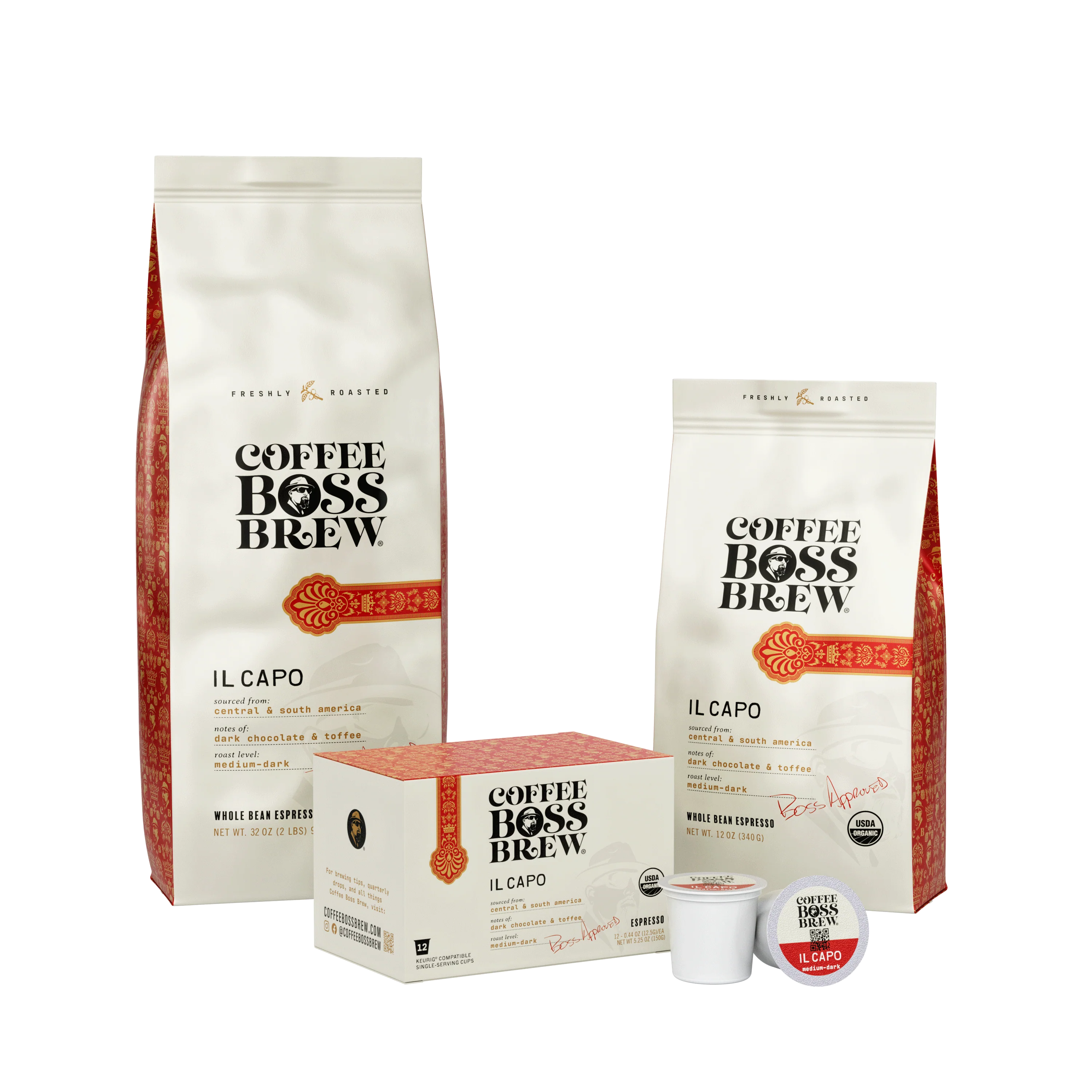 Il Capo in all available formats — 2lb bag, 12oz bag, K-Cup box, and single K-Cup pod